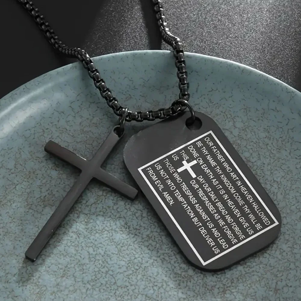 Dog Tags Style Stainless Steel Engraved Scripture Cross Pendant Necklace NWT
